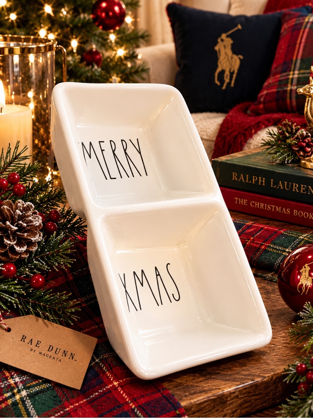Rae Dunn Merry XMAS Divided Serving Candy, Snack Dish. Trinket Tray